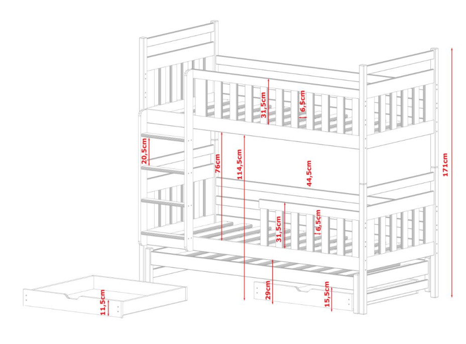 Detská poschodová posteľ z masívu borovice KLÁRA s prístelkou a šuplíkmi - 200x90 cm - BIELA