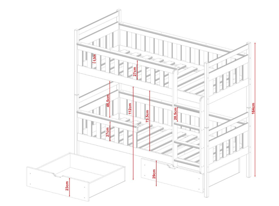 Detská poschodová posteľ z masívu borovice ZITA so šuplíkmi - 200x90 cm - BIELA