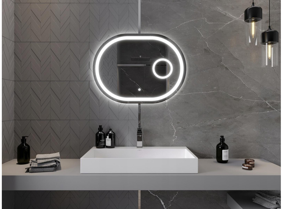 Oválne zrkadlo MEXEN UMBA 80x60 cm - s LED podsvietením, zväčšovacou lupou a vyhrievaním, 9822-080-060-611-00