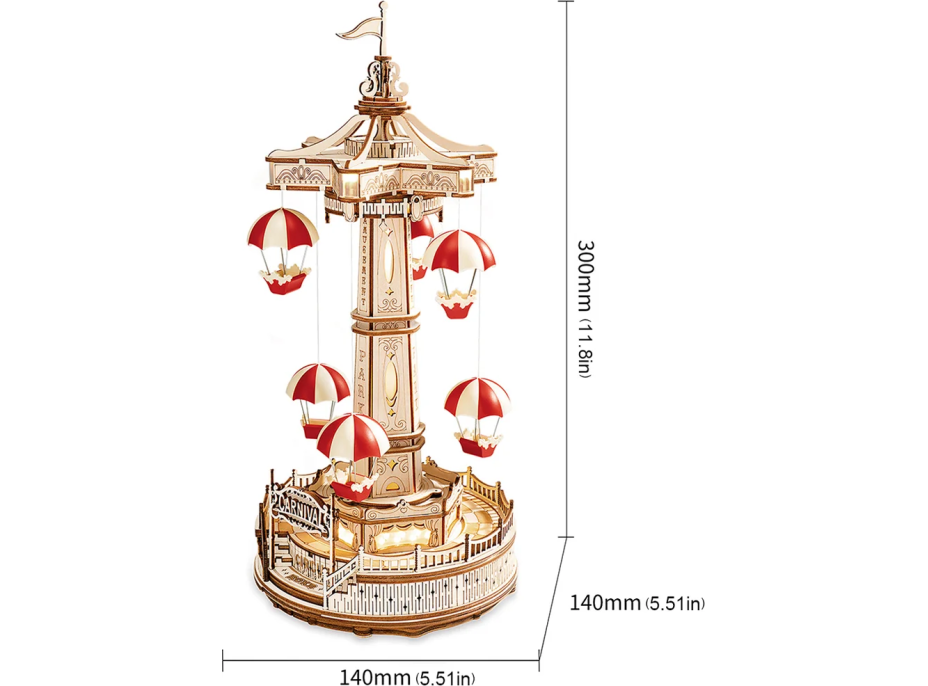 ROBOTIME Roker Svietiace 3D drevené puzzle Hracia skrinka: Parašutistická výsadková veža 184 dielikov