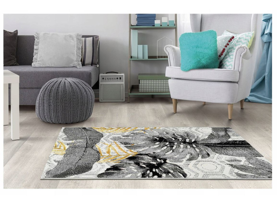 Kusový koberec JUNGLE listy - šedý/žltý