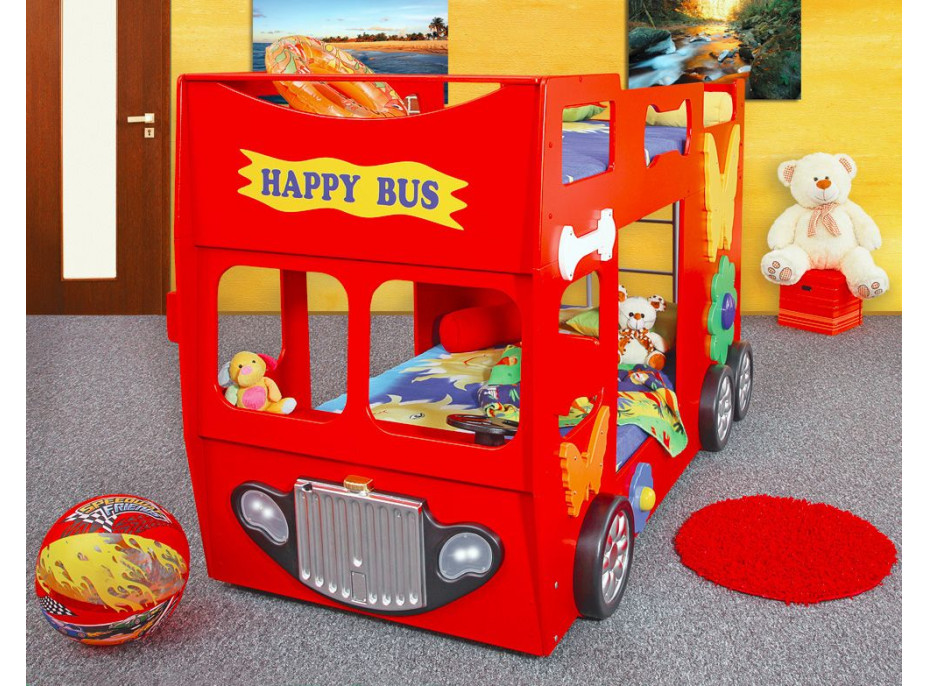 Detská poschodová autopostel HAPPY BUS 190x90 cm - červená