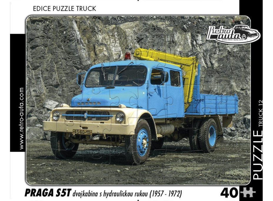 RETRO-AUTA Puzzle TRUCK č.12 Praga S5T dvojkabína s hydraulickou rukou (1957-1972) 40 dielikov