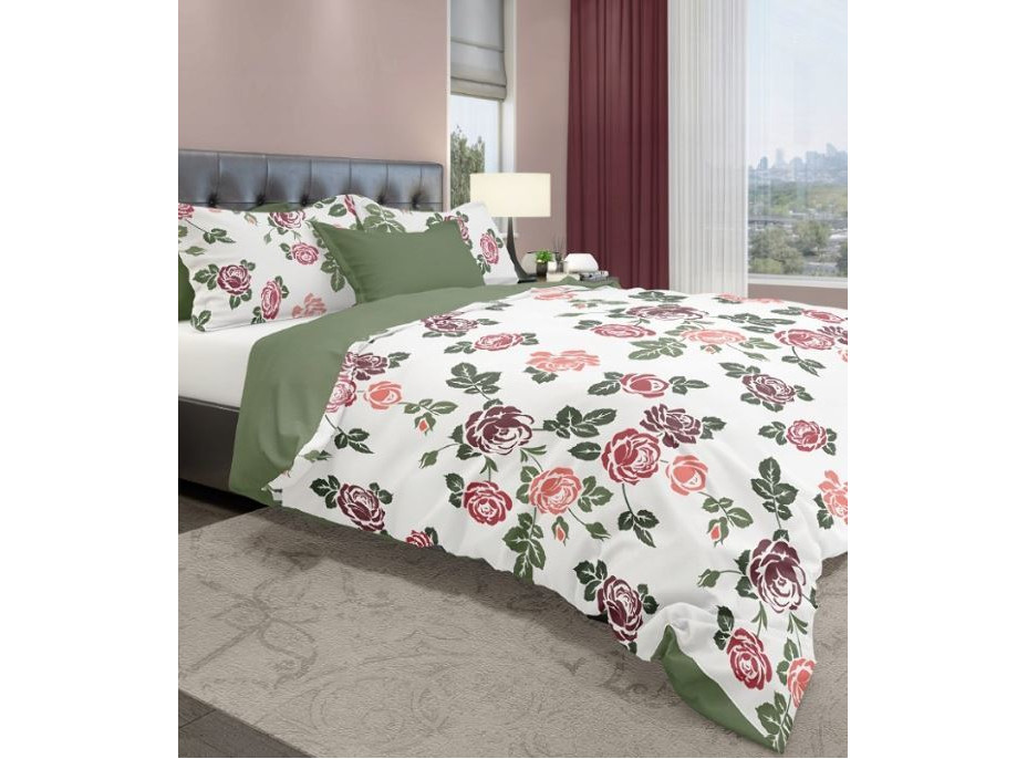 Bavlnené obliečky FASHION Ruže - biele / zelené - 220x200 cm