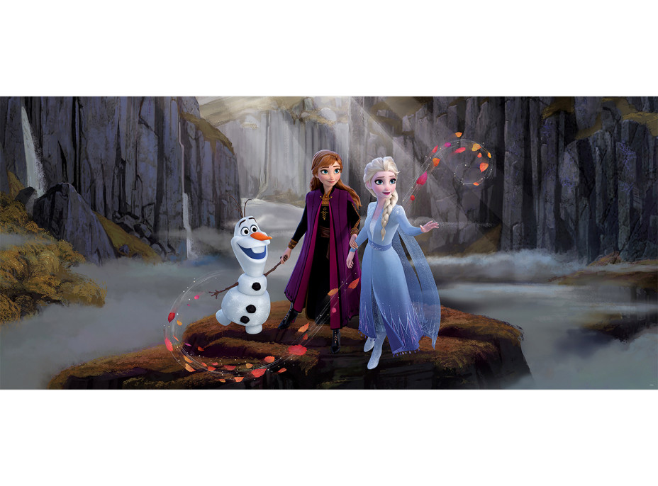 Detská fototapeta DISNEY - FROZEN - Elsa, Anna a Olaf na horách - 202x90 cm