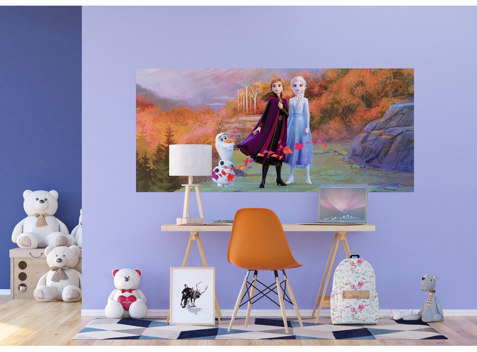 Detská fototapeta DISNEY - FROZEN - Elsa, Anna a Olaf na horskej ceste - 202x90 cm