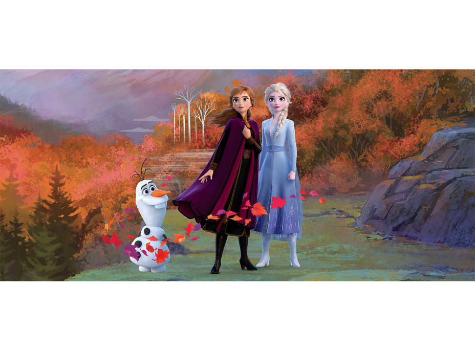 Detská fototapeta DISNEY - FROZEN - Elsa, Anna a Olaf na horskej ceste - 202x90 cm