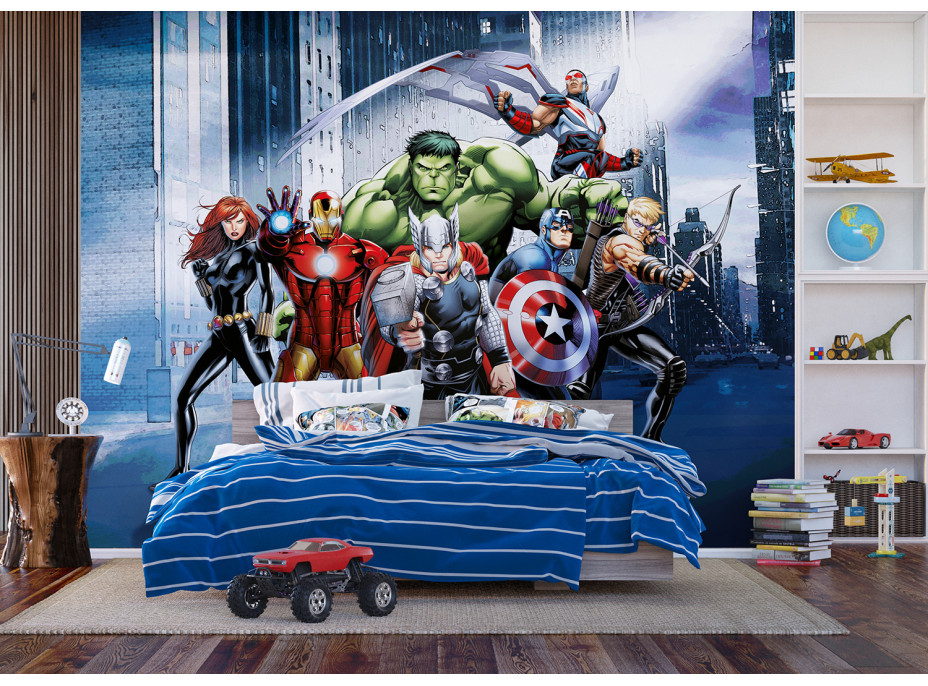 Detská fototapeta MARVEL - Hrdinovia Avengers v uliciach mesta - 360x270 cm