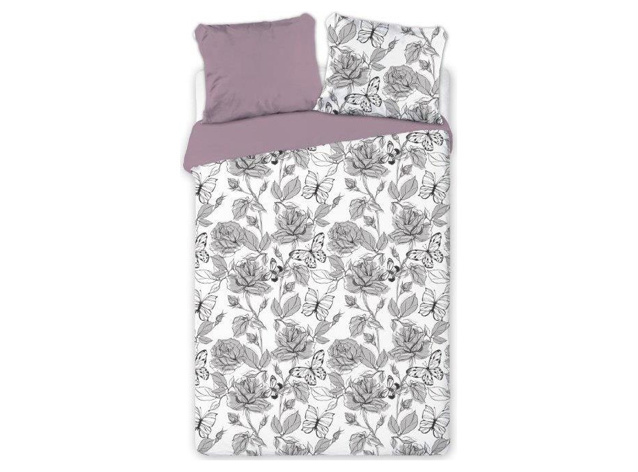 Saténové obliečky ELEGANT Butterfly - biele / fialové - 160x200 cm