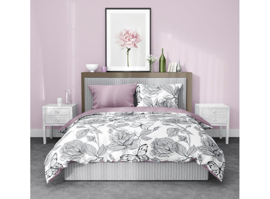 Saténové obliečky ELEGANT Butterfly - biele / fialové - 160x200 cm