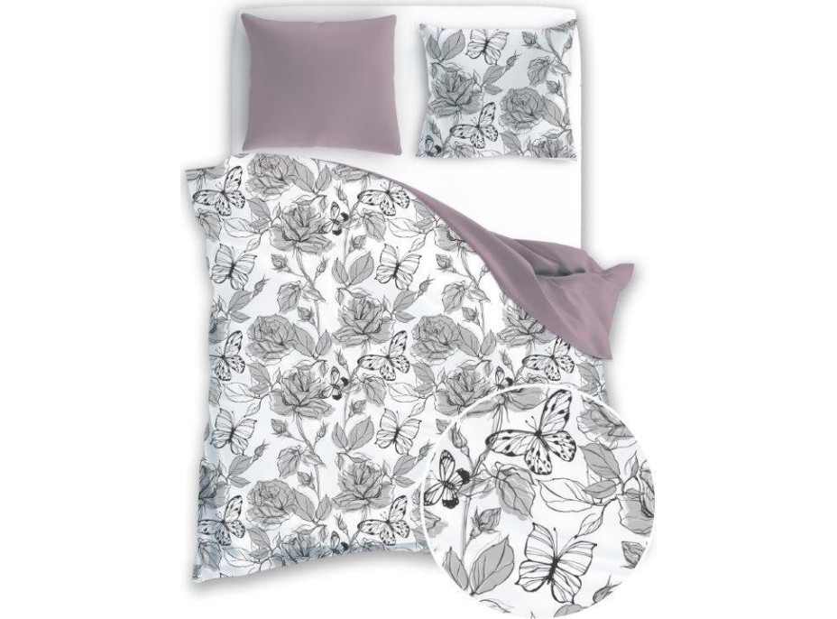 Saténové obliečky ELEGANT Butterfly - biele / fialové - 160x200 cm
