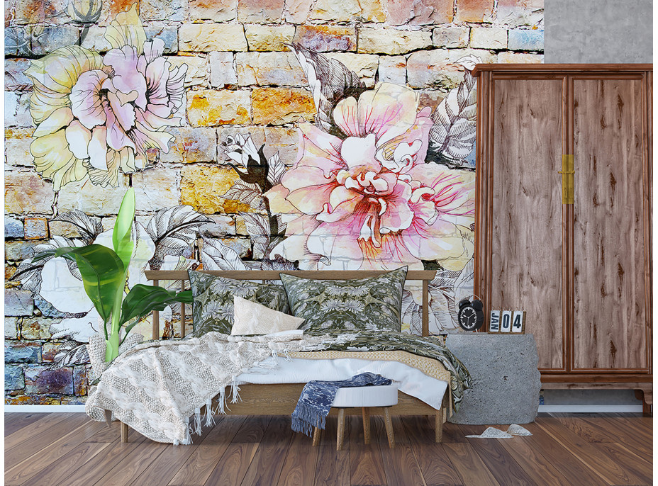 Moderné fototapety - Kvety na tehlovej stene - 360x270 cm