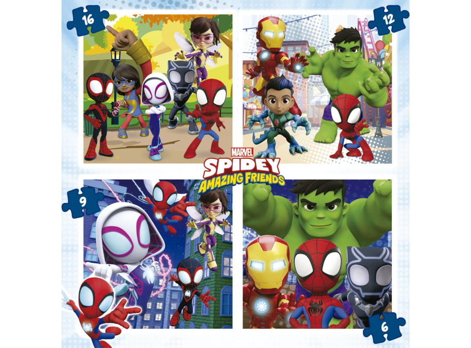 EDUCA Puzzle v kufríku Spidey a jeho úžasní priatelia 4v1 (6,9,12,16 dielikov)