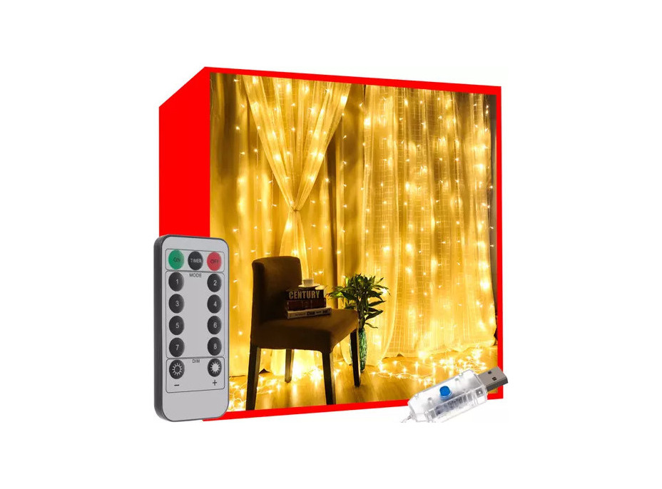 Svetelný záves s diaľkovým ovládačom 300 LED USB - teplá biela