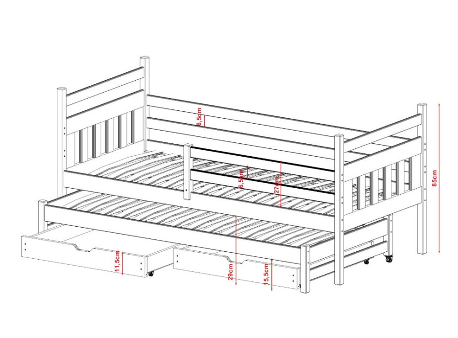 Detská posteľ z masívu borovice DAN s prístelkou a šuplíky - 200x90 cm - prírodná