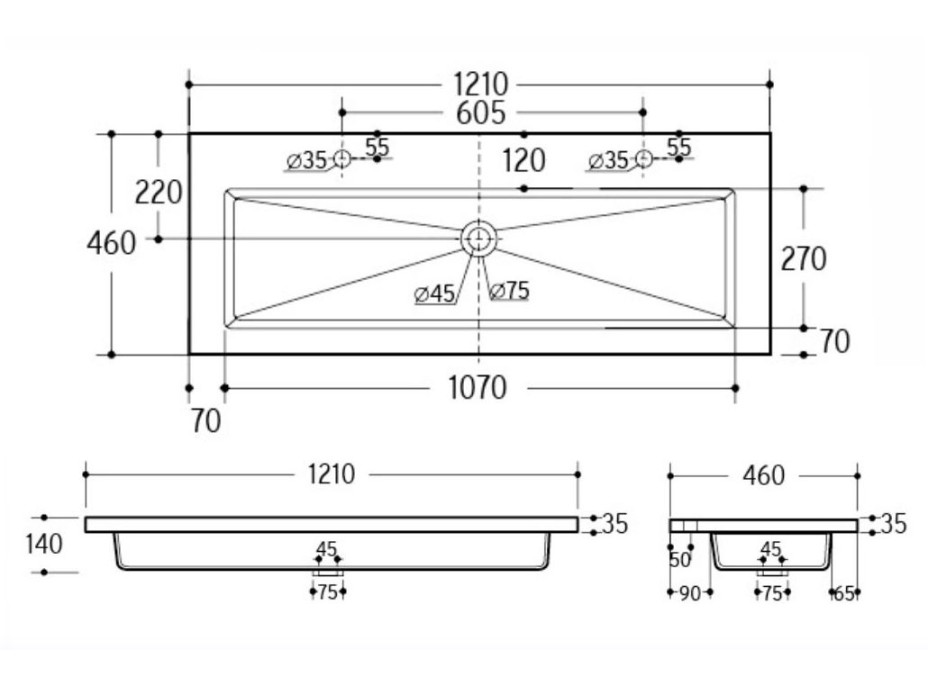 Keramické umývadlo SPIRIT WHITE 2 120 cm - biele