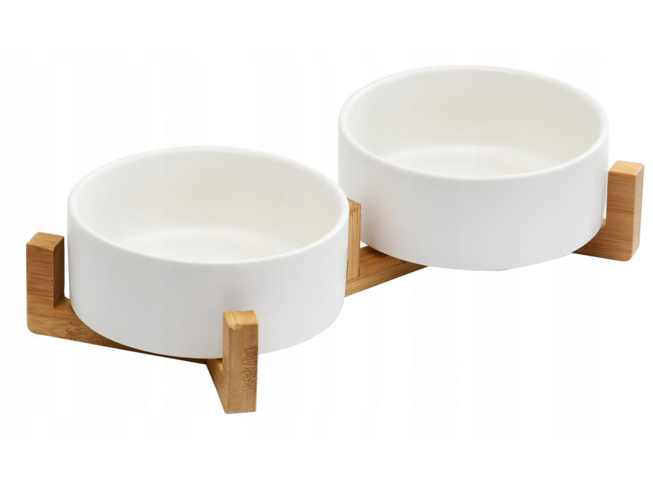 Súprava 2 keramických misiek s drevenou podstavou - 27x13x6,5 cm - biela/prírodná