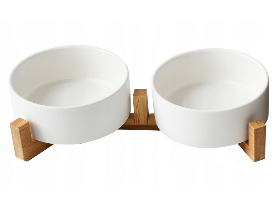 Súprava 2 keramických misiek s drevenou podstavou - 27x13x6,5 cm - biela/prírodná