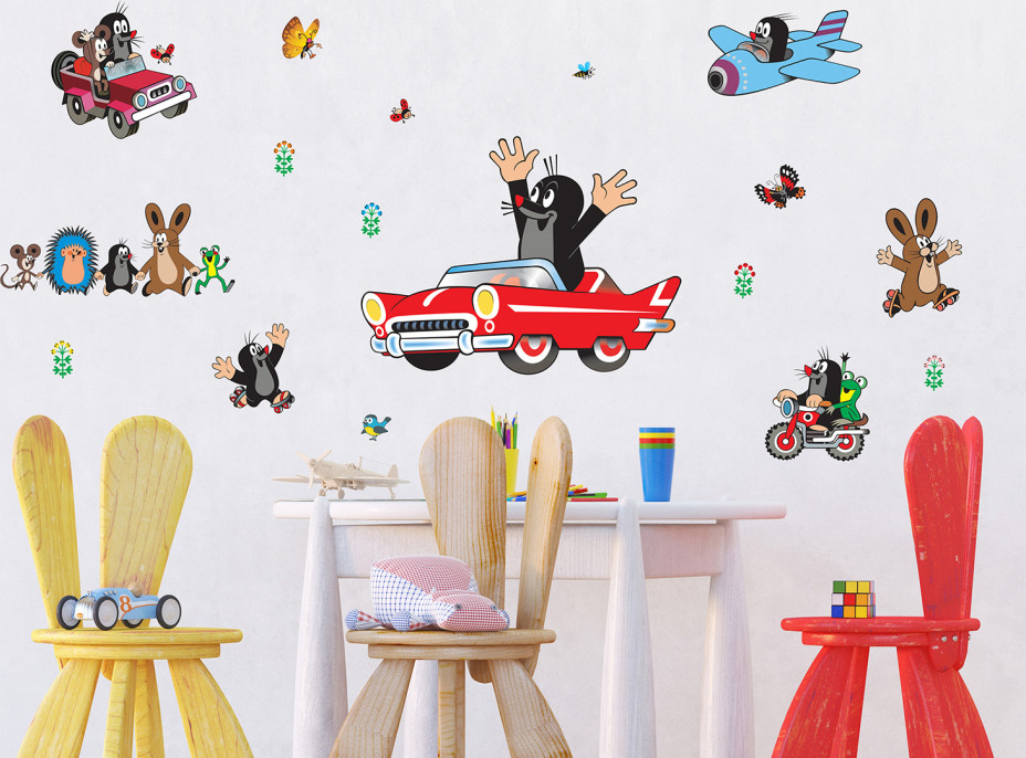 Detská samolepka na stenu - Krtko v aute - 65x85 cm