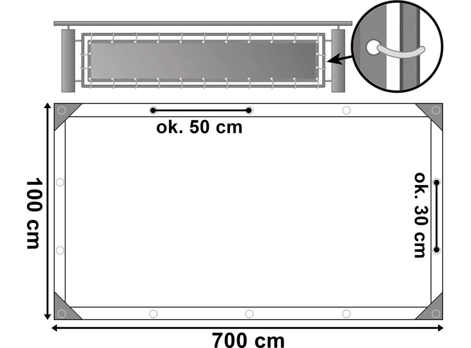 Šedá balkónová zástena 1 x 7 m