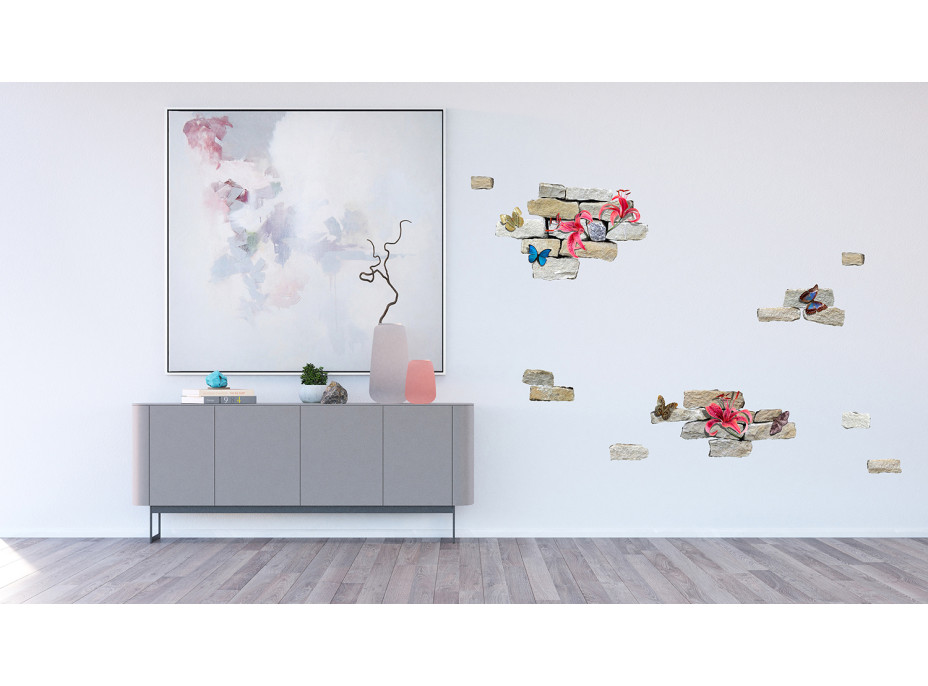 Moderná samolepka na stenu - Tehly a kvety - 65x85 cm