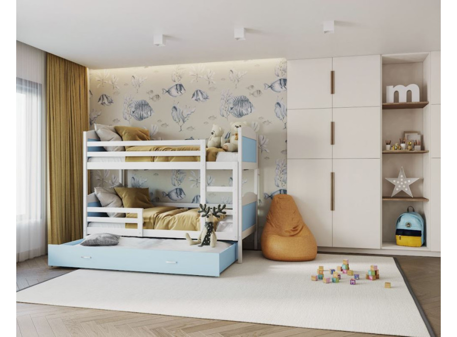 Detská poschodová posteľ s prístelkou MATTEO - 190x80 cm - modro-biela