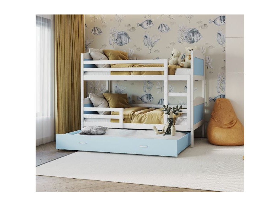 Detská poschodová posteľ s prístelkou MATTEO - 200x90 cm - modro-biela