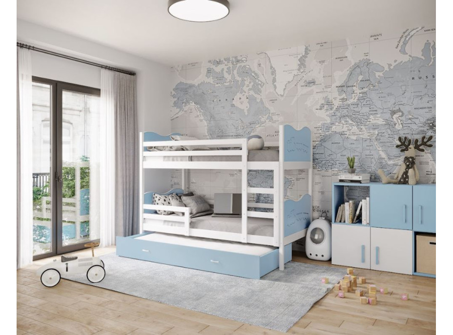 Detská poschodová posteľ s prístelkou MAX Q - 200x90 cm - modro-biela - vláčik