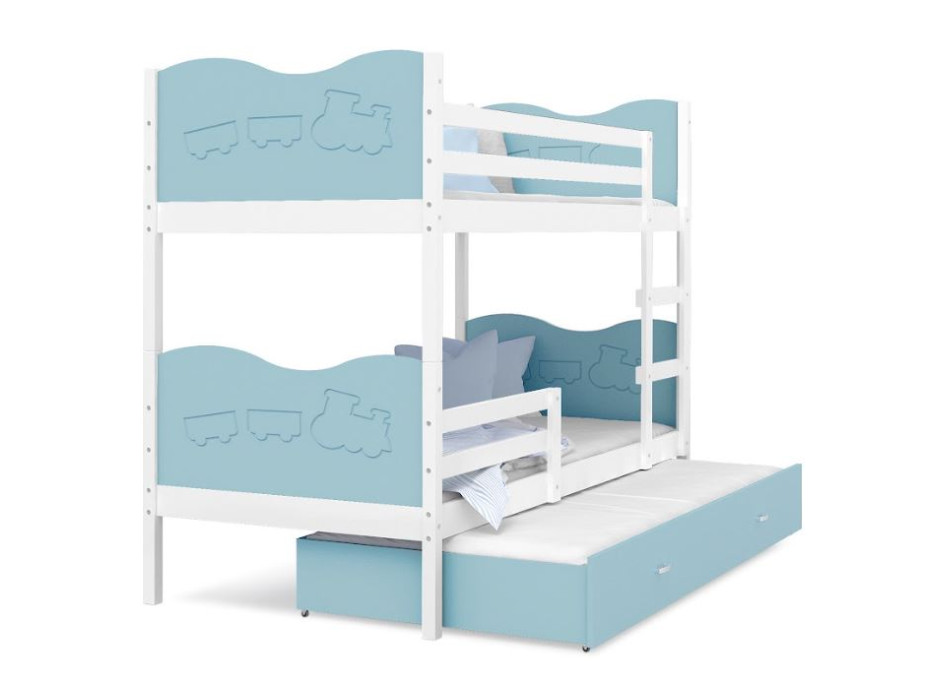 Detská poschodová posteľ s prístelkou MAX Q - 200x90 cm - modro-biela - vláčik