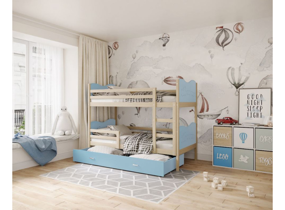 Detská poschodová posteľ so zásuvkou MAX R - 160x80 cm - modrá / borovica - vláčik