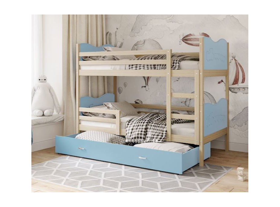 Detská poschodová posteľ so zásuvkou MAX R - 200x90 cm - modrá / borovica - vláčik