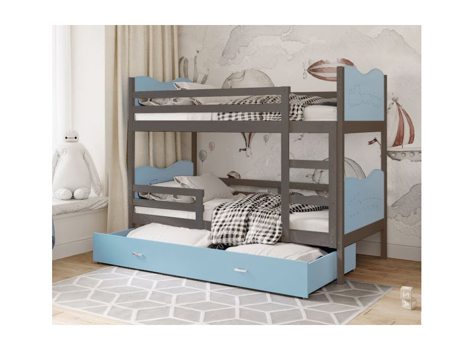 Detská poschodová posteľ so zásuvkou MAX R - 200x90 cm - modro-šedá - vláčik
