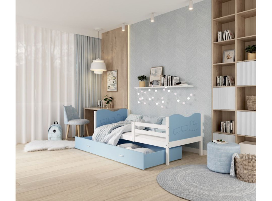 Detská posteľ so zásuvkou MAX S - 200x90 cm - modro-biela - vláčik