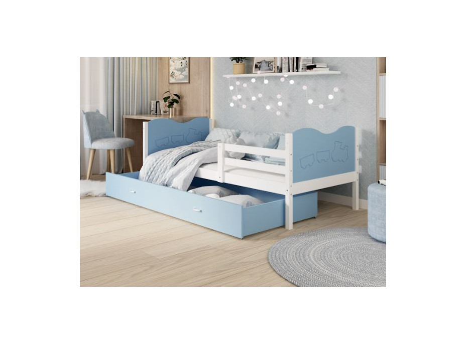 Detská posteľ so zásuvkou MAX S - 200x90 cm - modro-biela - vláčik