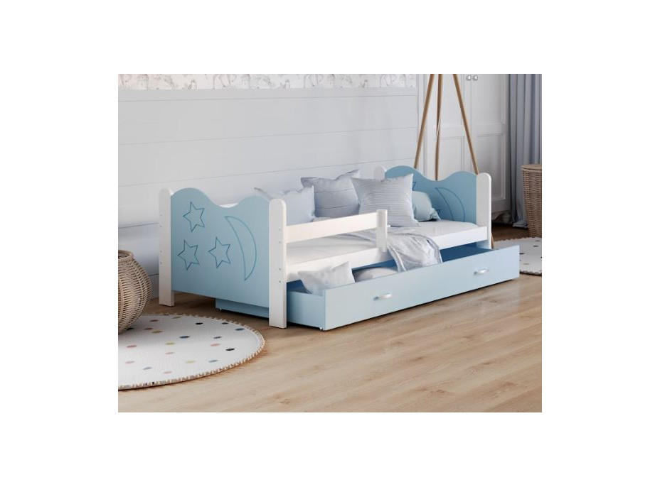 Detská posteľ so zásuvkou Mikoláš - 160x80 cm - modro-biela - mesiac a hviezdičky