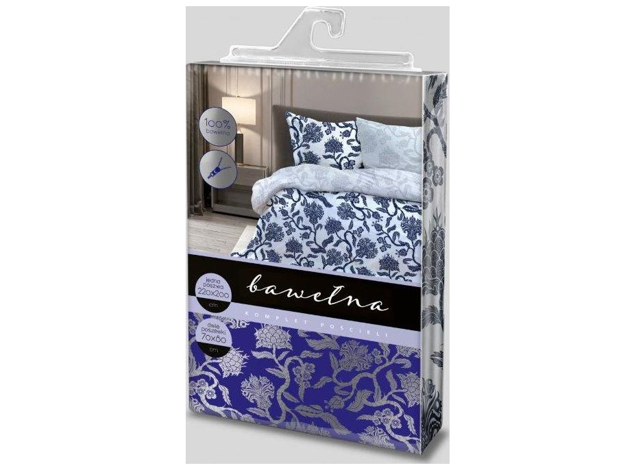 Bavlnené obliečky ELEGANT Flower - modré / biele - 220x200 cm + 2x 70x80 cm