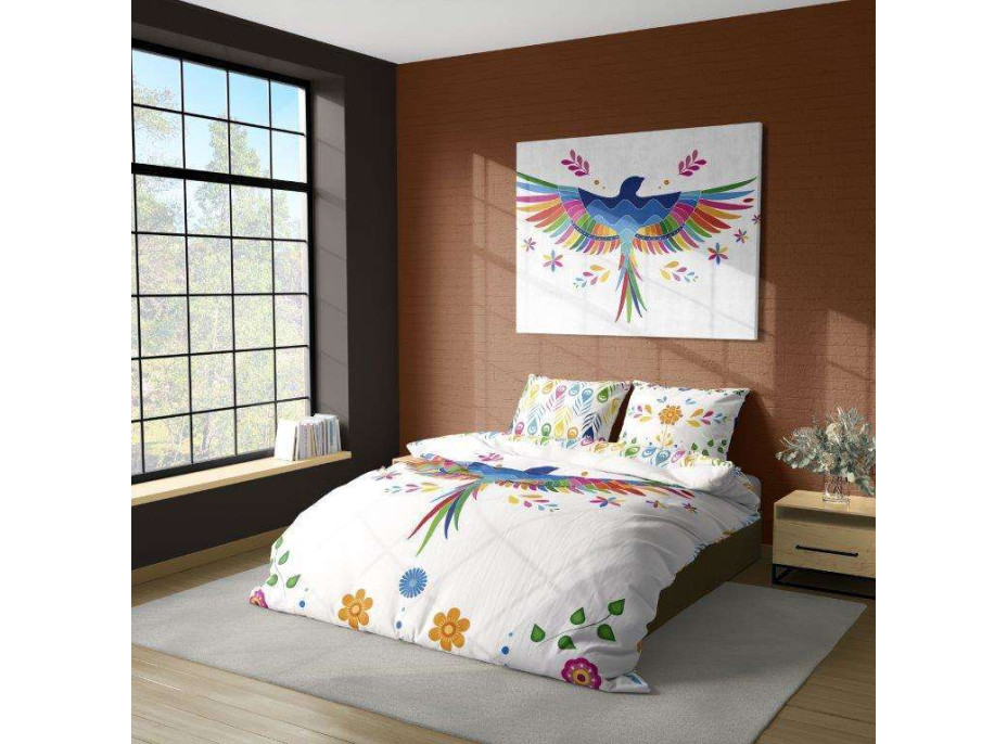 Bavlnené obliečky Renforcé FOLK Dúhoví vtáčiky - biele/multicolor - 160x200 cm