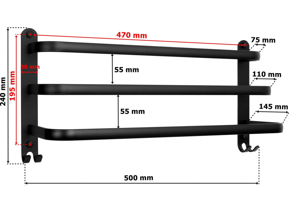 Nástenný vešiak na uteráky ATHOS 50 cm - čierny