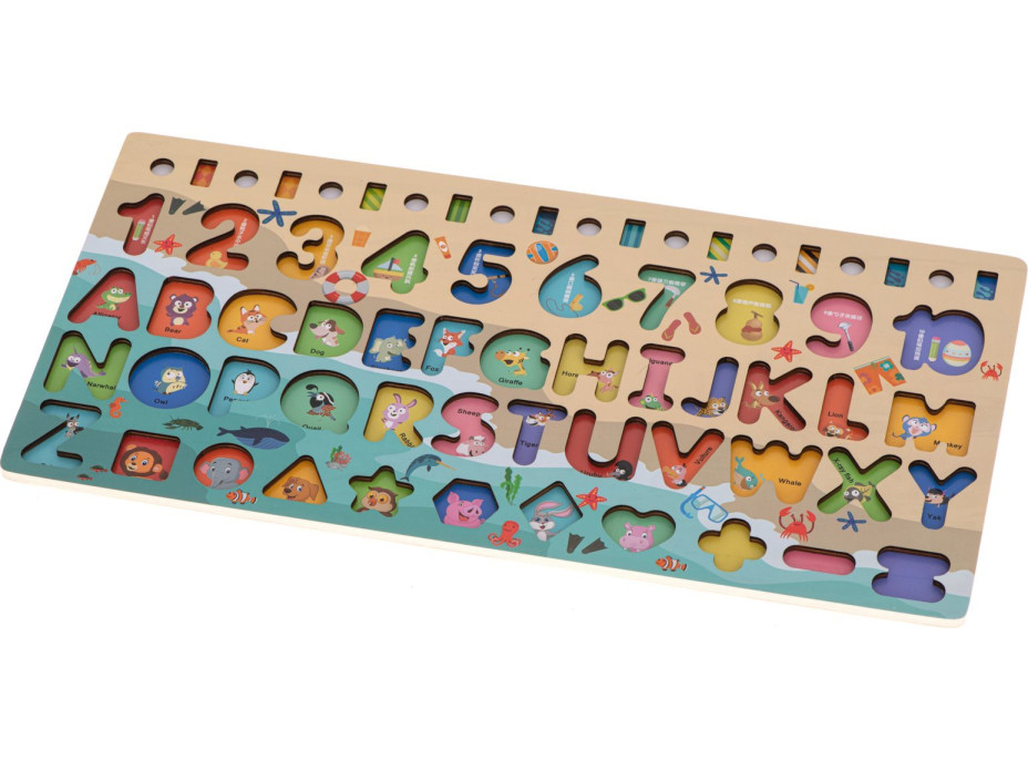 KIK Drevená vkladačka s abecedou, tvarmi, číslami a lovením rybiek 3v1