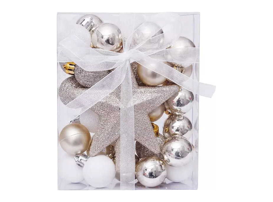 Vianočné závesné banky na stromček + hviezda - 30 ks - champagne