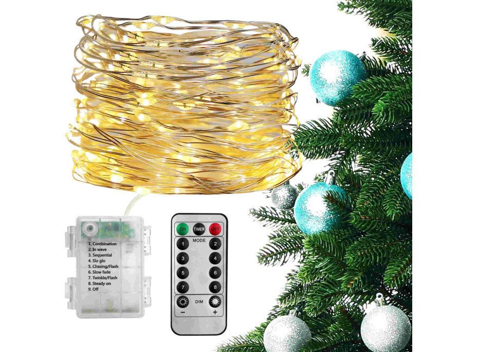 Vianočné dekoračné osvetlenie na drôtiku s diaľkovým ovládačom - 50 LED - teplá biela