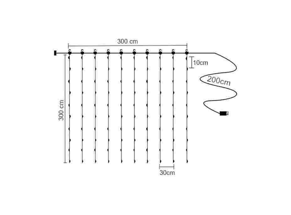 Svetelný záves na drôtiku s diaľkovým ovládačom 3x3 m - 300 LED - teplá biela