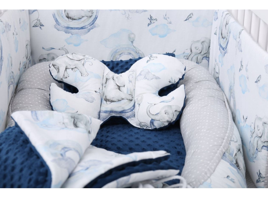 Obojstranné hniezdočko (kokon) pre bábätko - BABYMAM PREMIUM set 7v1 - Modrý sloník s tmavo modrou minky