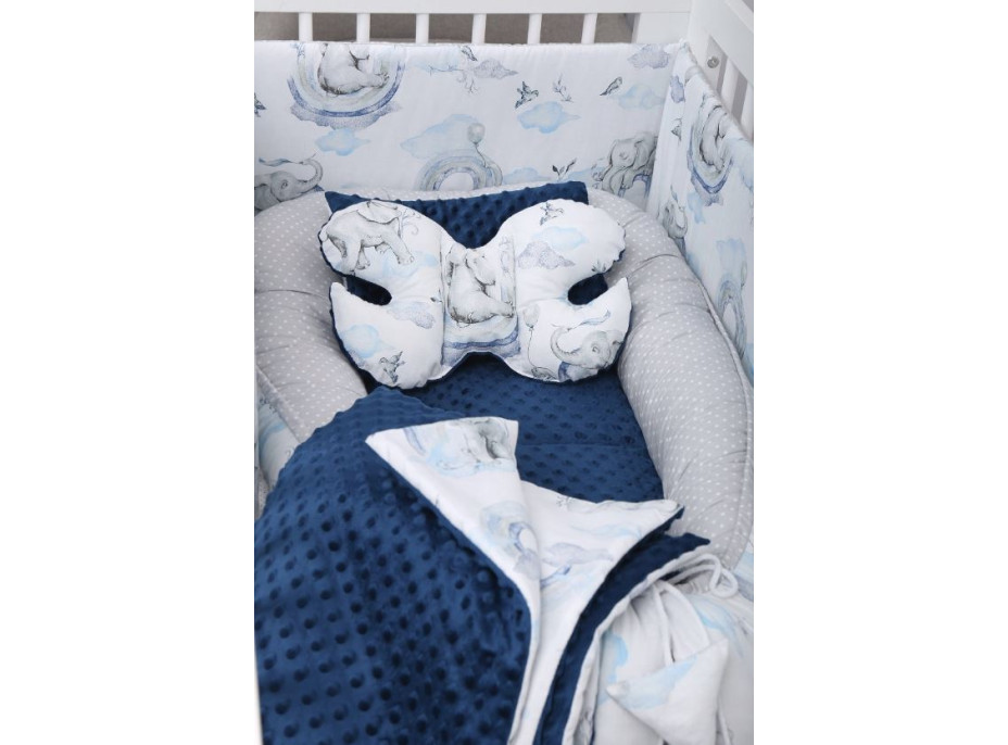 Obojstranné hniezdočko (kokon) pre bábätko - BABYMAM PREMIUM set 7v1 - Modrý sloník s tmavo modrou minky