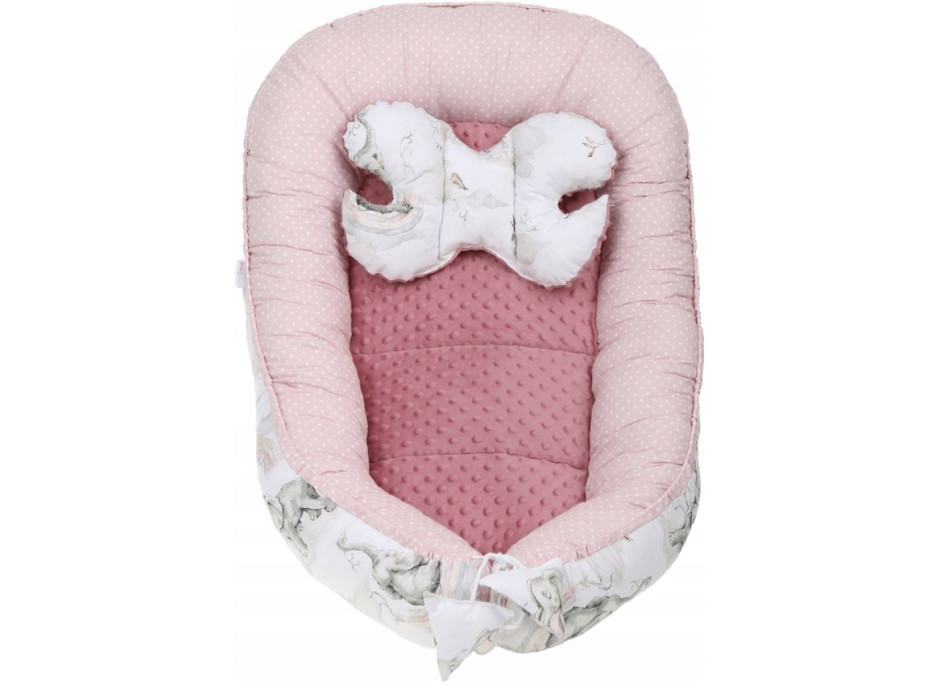 Obojstranné hniezdočko (kokon) pre bábätko - BABYMAM PREMIUM set 7v1 - Ružový sloník so staroružovou minkou