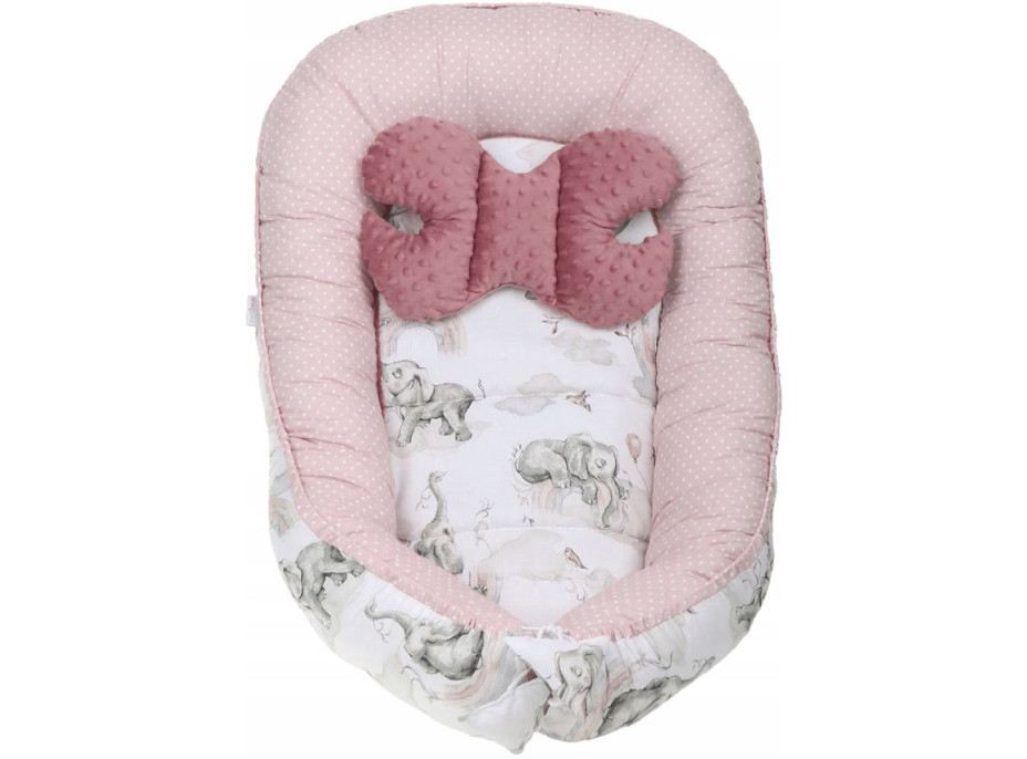 Obojstranné hniezdočko (kokon) pre bábätko - BABYMAM PREMIUM set 7v1 - Ružový sloník so staroružovou minkou