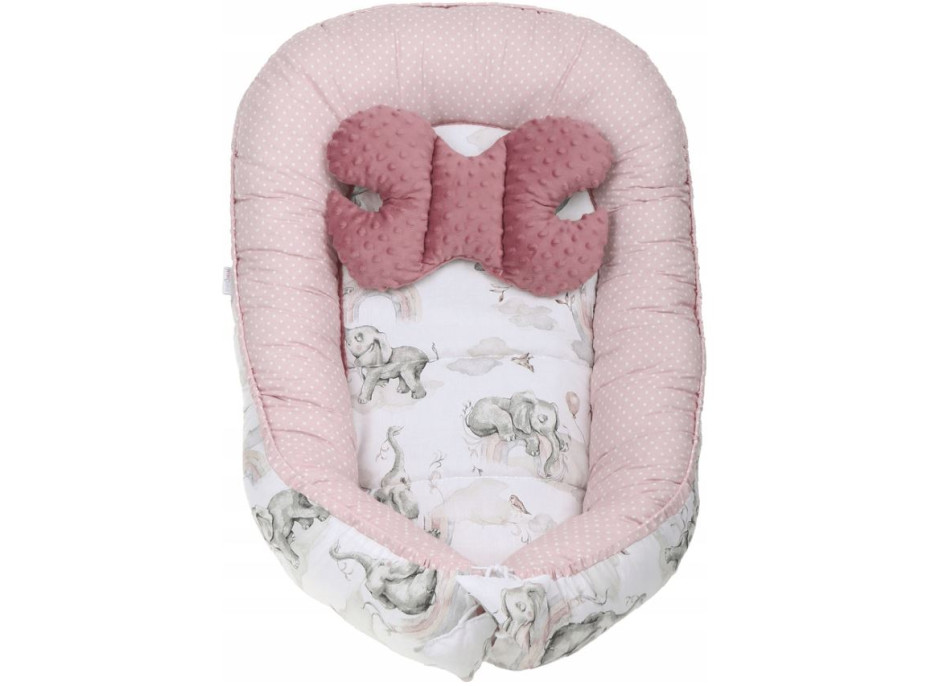 Obojstranné hniezdočko (kokon) pre bábätko - BABYMAM PREMIUM set 7v1 - Ružový sloník so staroružovou minkou
