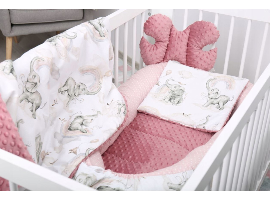 Obojstranné hniezdočko (kokon) pre bábätko - BABYMAM PREMIUM set 7v1 - Ružový sloník so staroružovou minkou