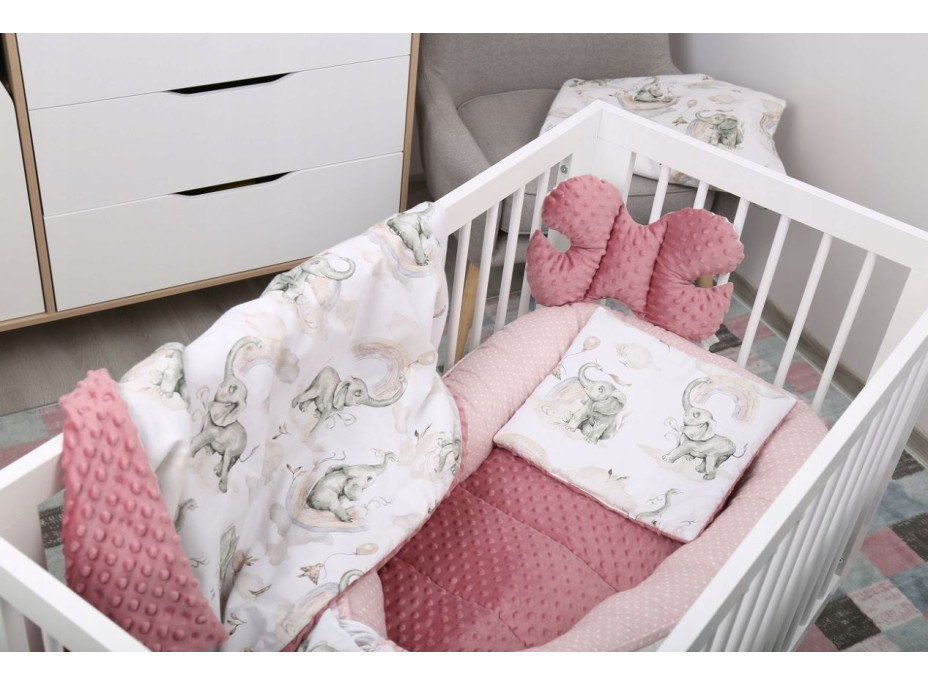 Obojstranné hniezdočko (kokon) pre bábätko - BABYMAM PREMIUM set 7v1 - Ružový sloník so staroružovou minkou