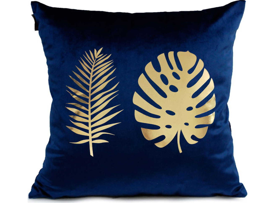 Obliečka na vankúš GOLDEN STYLE VELVET 40x40 cm - Monstera - tmavomodrá/zlatá